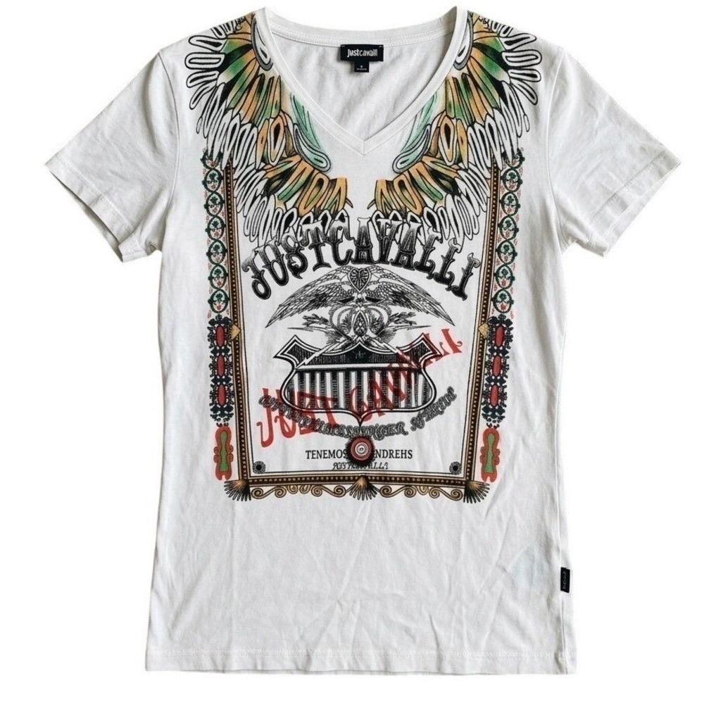 Just Cavalli White Graphic V Neck Tee XL Eagle Y2K StreetwearJ